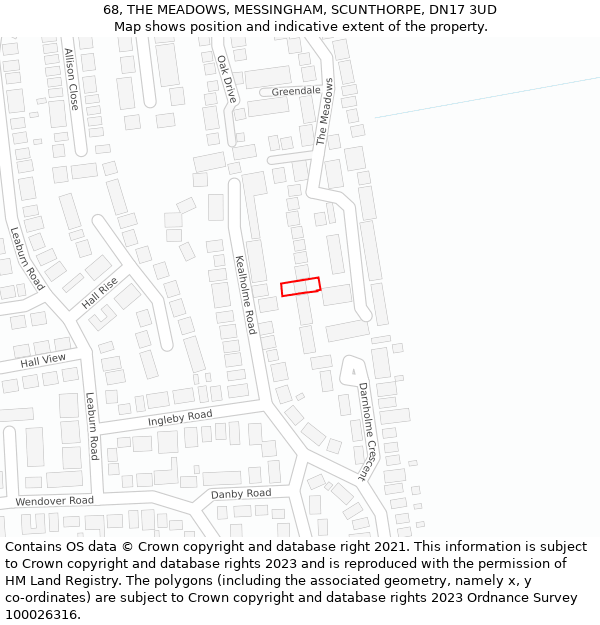 68, THE MEADOWS, MESSINGHAM, SCUNTHORPE, DN17 3UD: Location map and indicative extent of plot