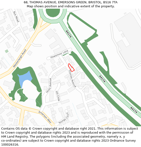 68, THOMAS AVENUE, EMERSONS GREEN, BRISTOL, BS16 7TA: Location map and indicative extent of plot