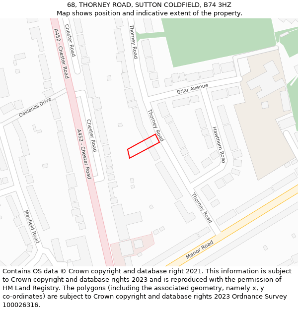 68, THORNEY ROAD, SUTTON COLDFIELD, B74 3HZ: Location map and indicative extent of plot