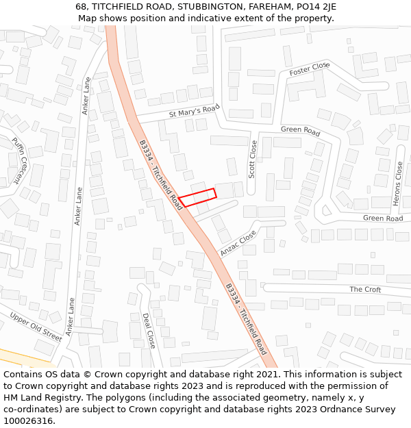 68, TITCHFIELD ROAD, STUBBINGTON, FAREHAM, PO14 2JE: Location map and indicative extent of plot