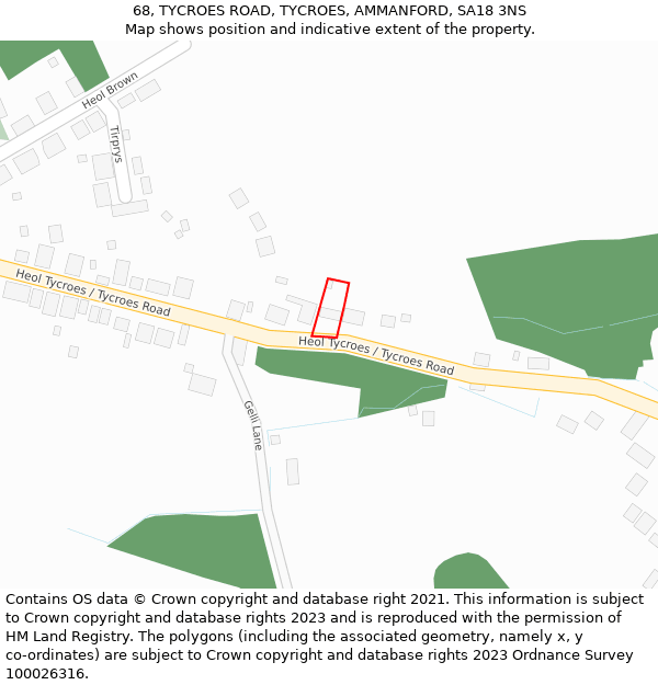 68, TYCROES ROAD, TYCROES, AMMANFORD, SA18 3NS: Location map and indicative extent of plot