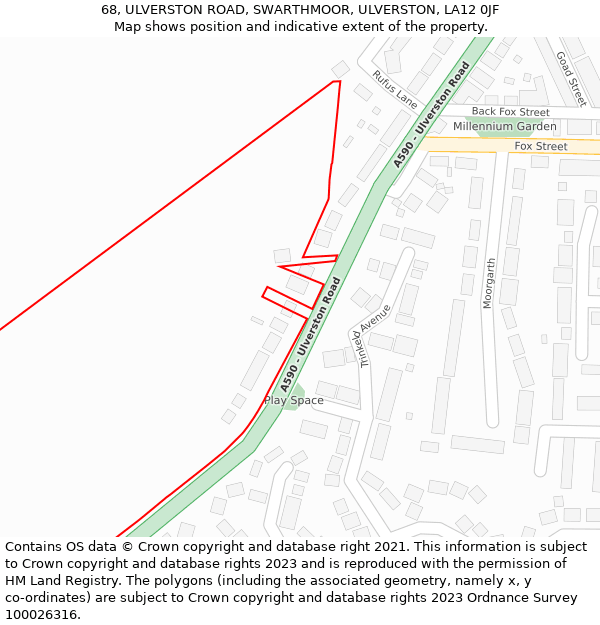 68, ULVERSTON ROAD, SWARTHMOOR, ULVERSTON, LA12 0JF: Location map and indicative extent of plot