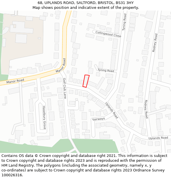 68, UPLANDS ROAD, SALTFORD, BRISTOL, BS31 3HY: Location map and indicative extent of plot