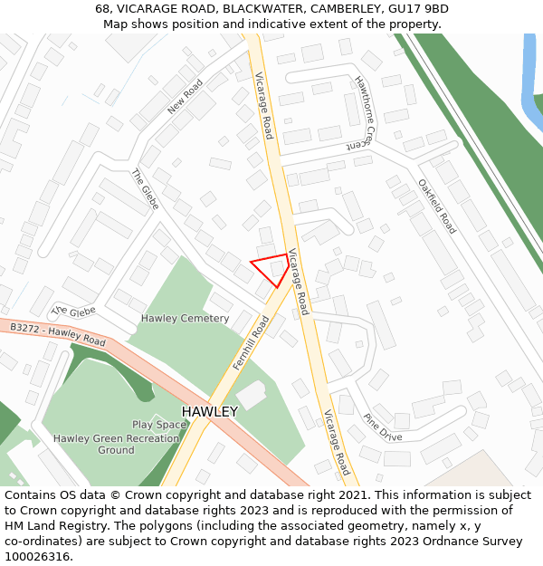 68, VICARAGE ROAD, BLACKWATER, CAMBERLEY, GU17 9BD: Location map and indicative extent of plot