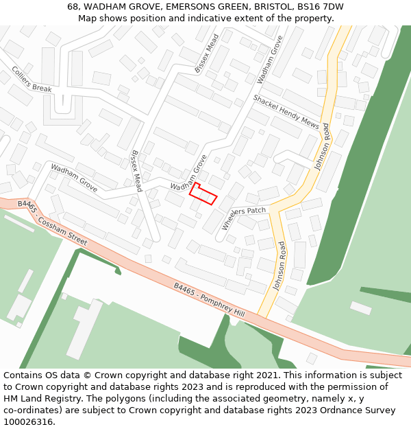 68, WADHAM GROVE, EMERSONS GREEN, BRISTOL, BS16 7DW: Location map and indicative extent of plot