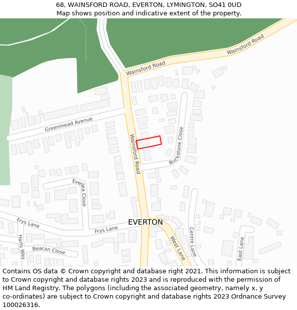 68, WAINSFORD ROAD, EVERTON, LYMINGTON, SO41 0UD: Location map and indicative extent of plot
