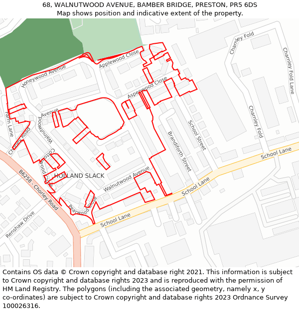 68, WALNUTWOOD AVENUE, BAMBER BRIDGE, PRESTON, PR5 6DS: Location map and indicative extent of plot