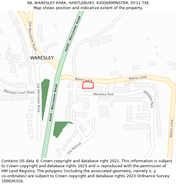 68, WARESLEY PARK, HARTLEBURY, KIDDERMINSTER, DY11 7XE: Location map and indicative extent of plot