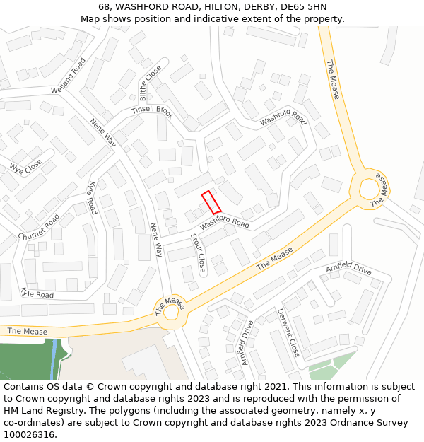 68, WASHFORD ROAD, HILTON, DERBY, DE65 5HN: Location map and indicative extent of plot