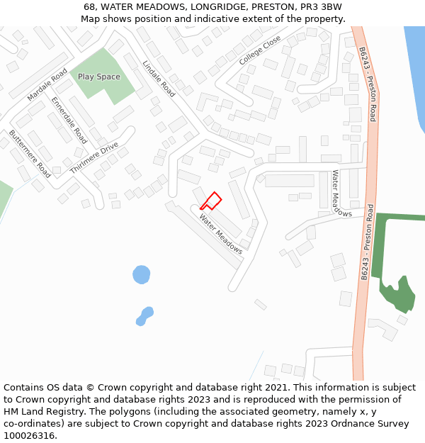 68, WATER MEADOWS, LONGRIDGE, PRESTON, PR3 3BW: Location map and indicative extent of plot