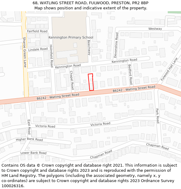 68, WATLING STREET ROAD, FULWOOD, PRESTON, PR2 8BP: Location map and indicative extent of plot