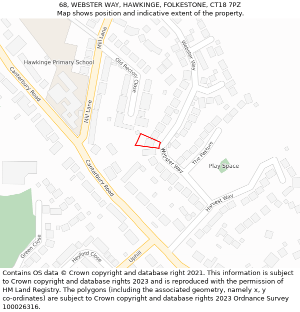 68, WEBSTER WAY, HAWKINGE, FOLKESTONE, CT18 7PZ: Location map and indicative extent of plot