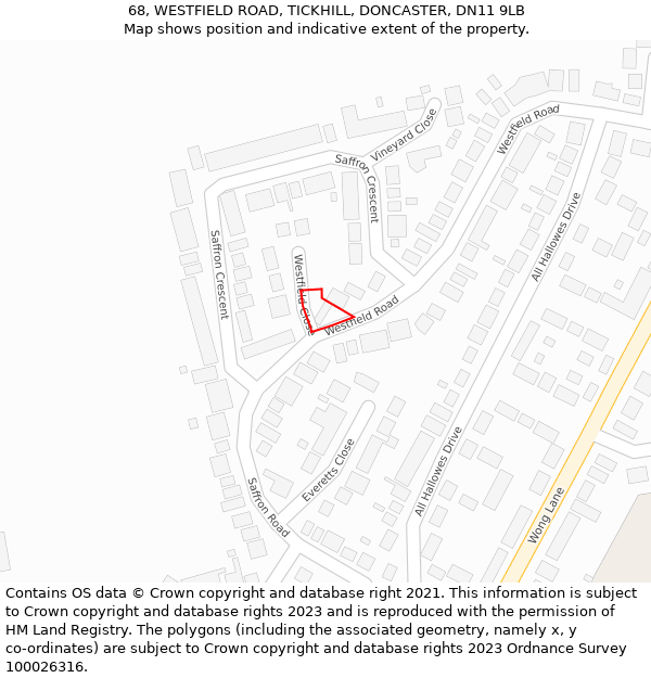 68, WESTFIELD ROAD, TICKHILL, DONCASTER, DN11 9LB: Location map and indicative extent of plot