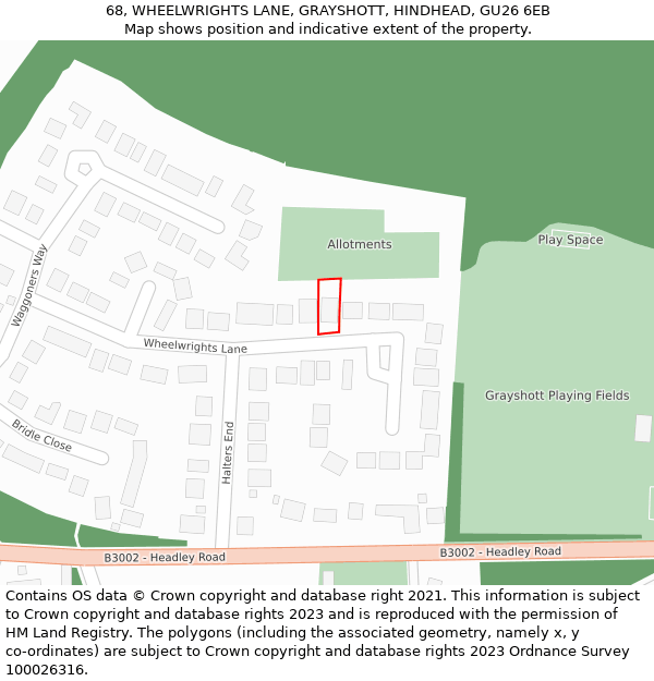 68, WHEELWRIGHTS LANE, GRAYSHOTT, HINDHEAD, GU26 6EB: Location map and indicative extent of plot