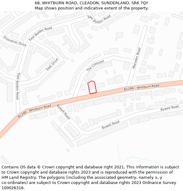 68, WHITBURN ROAD, CLEADON, SUNDERLAND, SR6 7QY: Location map and indicative extent of plot