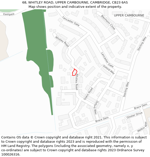 68, WHITLEY ROAD, UPPER CAMBOURNE, CAMBRIDGE, CB23 6AS: Location map and indicative extent of plot