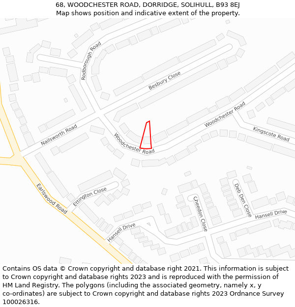 68, WOODCHESTER ROAD, DORRIDGE, SOLIHULL, B93 8EJ: Location map and indicative extent of plot