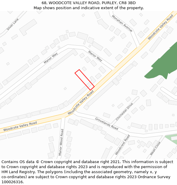 68, WOODCOTE VALLEY ROAD, PURLEY, CR8 3BD: Location map and indicative extent of plot