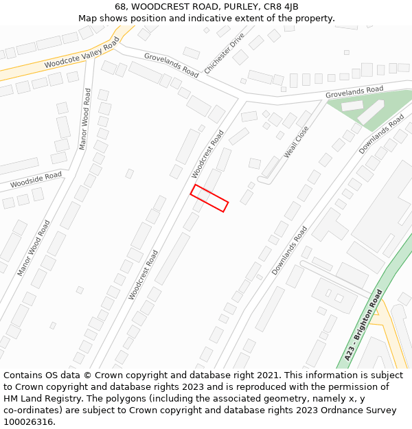 68, WOODCREST ROAD, PURLEY, CR8 4JB: Location map and indicative extent of plot