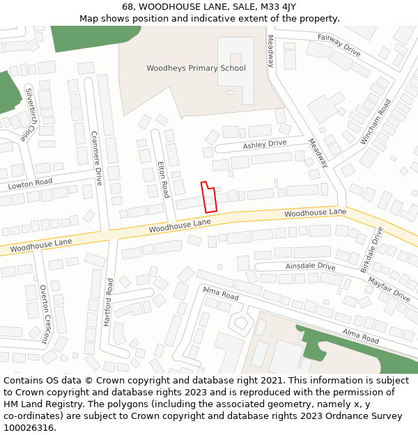 68, WOODHOUSE LANE, SALE, M33 4JY: Location map and indicative extent of plot