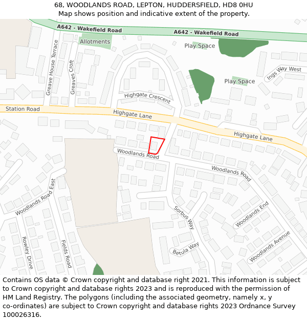 68, WOODLANDS ROAD, LEPTON, HUDDERSFIELD, HD8 0HU: Location map and indicative extent of plot