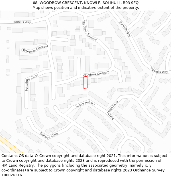 68, WOODROW CRESCENT, KNOWLE, SOLIHULL, B93 9EQ: Location map and indicative extent of plot