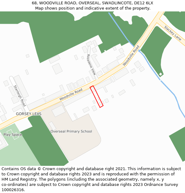 68, WOODVILLE ROAD, OVERSEAL, SWADLINCOTE, DE12 6LX: Location map and indicative extent of plot