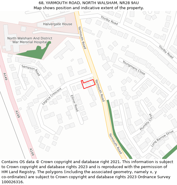 68, YARMOUTH ROAD, NORTH WALSHAM, NR28 9AU: Location map and indicative extent of plot