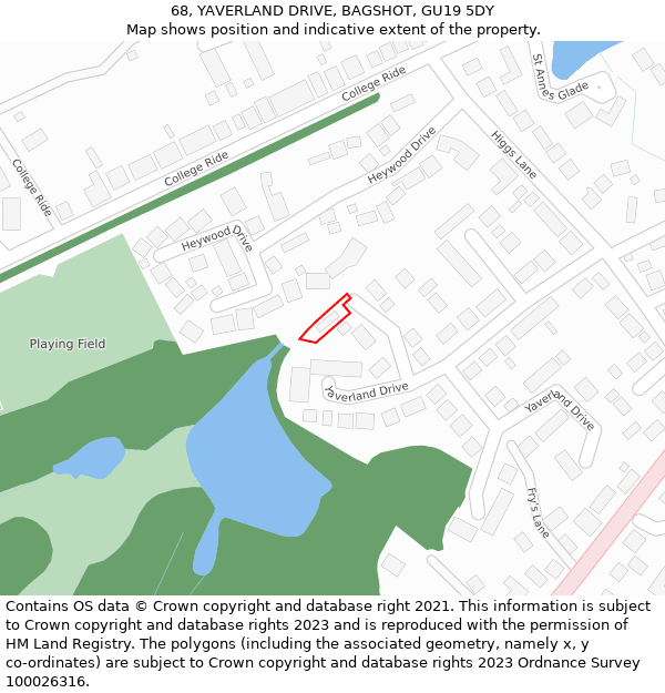 68, YAVERLAND DRIVE, BAGSHOT, GU19 5DY: Location map and indicative extent of plot