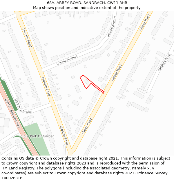 68A, ABBEY ROAD, SANDBACH, CW11 3HB: Location map and indicative extent of plot