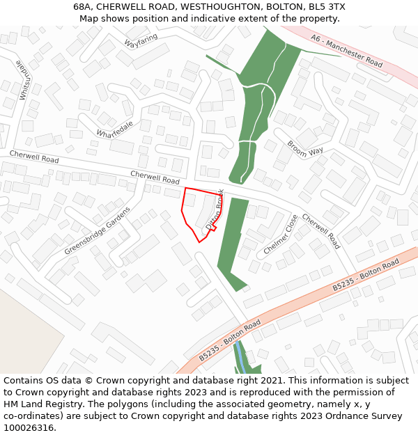 68A, CHERWELL ROAD, WESTHOUGHTON, BOLTON, BL5 3TX: Location map and indicative extent of plot