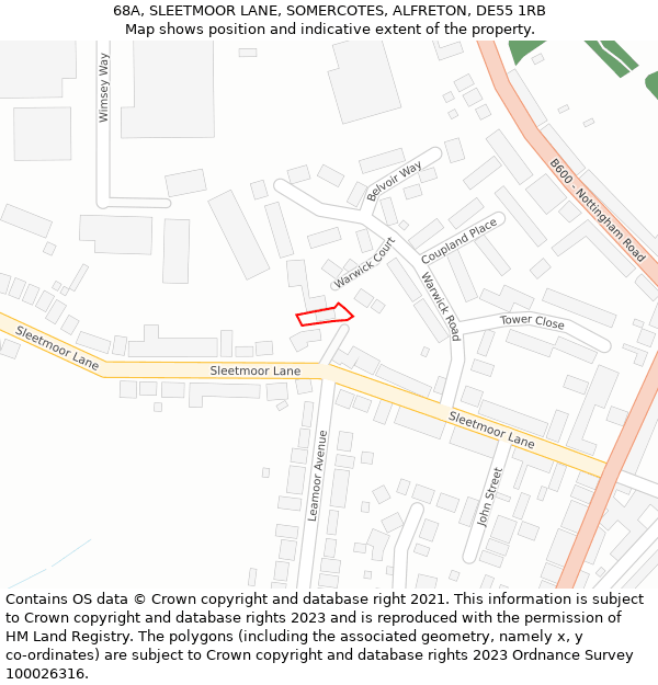 68A, SLEETMOOR LANE, SOMERCOTES, ALFRETON, DE55 1RB: Location map and indicative extent of plot