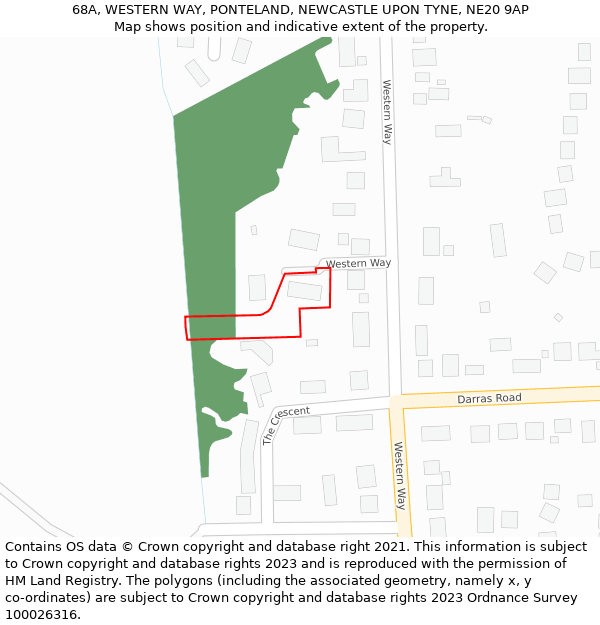 68A, WESTERN WAY, PONTELAND, NEWCASTLE UPON TYNE, NE20 9AP: Location map and indicative extent of plot