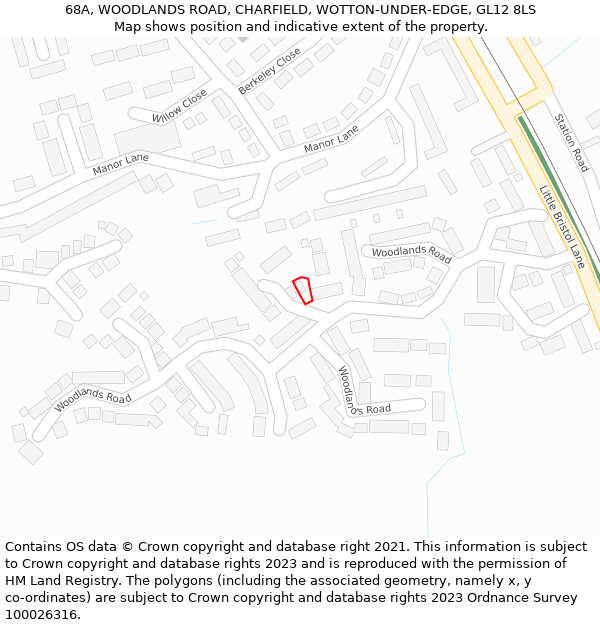 68A, WOODLANDS ROAD, CHARFIELD, WOTTON-UNDER-EDGE, GL12 8LS: Location map and indicative extent of plot