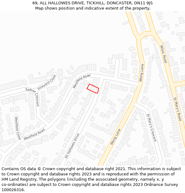 69, ALL HALLOWES DRIVE, TICKHILL, DONCASTER, DN11 9JS: Location map and indicative extent of plot