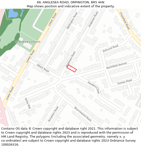 69, ANGLESEA ROAD, ORPINGTON, BR5 4AN: Location map and indicative extent of plot
