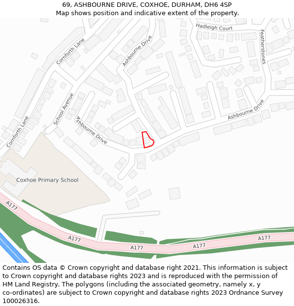 69, ASHBOURNE DRIVE, COXHOE, DURHAM, DH6 4SP: Location map and indicative extent of plot
