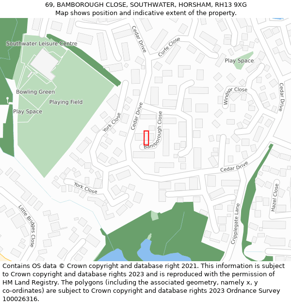 69, BAMBOROUGH CLOSE, SOUTHWATER, HORSHAM, RH13 9XG: Location map and indicative extent of plot