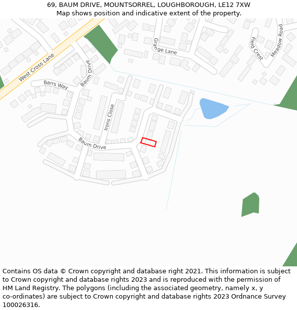 69, BAUM DRIVE, MOUNTSORREL, LOUGHBOROUGH, LE12 7XW: Location map and indicative extent of plot