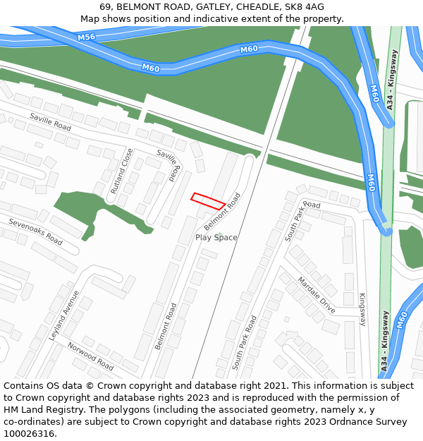 69, BELMONT ROAD, GATLEY, CHEADLE, SK8 4AG: Location map and indicative extent of plot