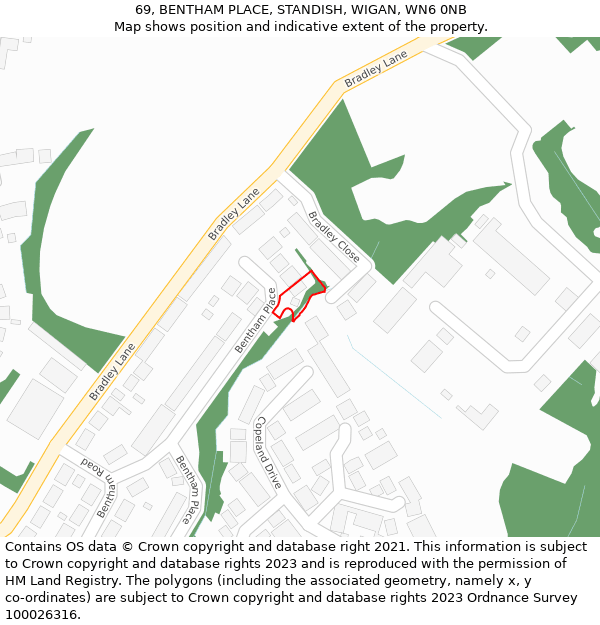 69, BENTHAM PLACE, STANDISH, WIGAN, WN6 0NB: Location map and indicative extent of plot