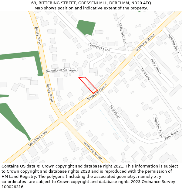 69, BITTERING STREET, GRESSENHALL, DEREHAM, NR20 4EQ: Location map and indicative extent of plot