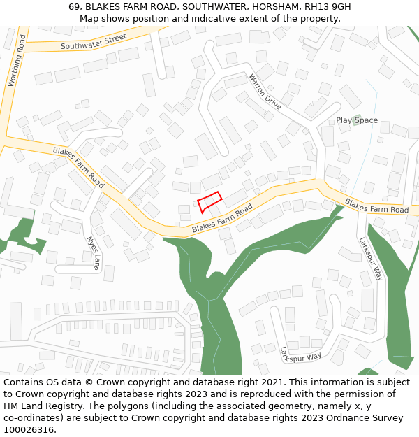69, BLAKES FARM ROAD, SOUTHWATER, HORSHAM, RH13 9GH: Location map and indicative extent of plot