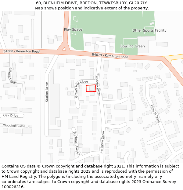 69, BLENHEIM DRIVE, BREDON, TEWKESBURY, GL20 7LY: Location map and indicative extent of plot