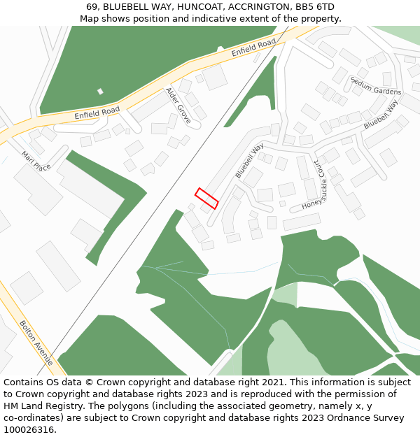 69, BLUEBELL WAY, HUNCOAT, ACCRINGTON, BB5 6TD: Location map and indicative extent of plot