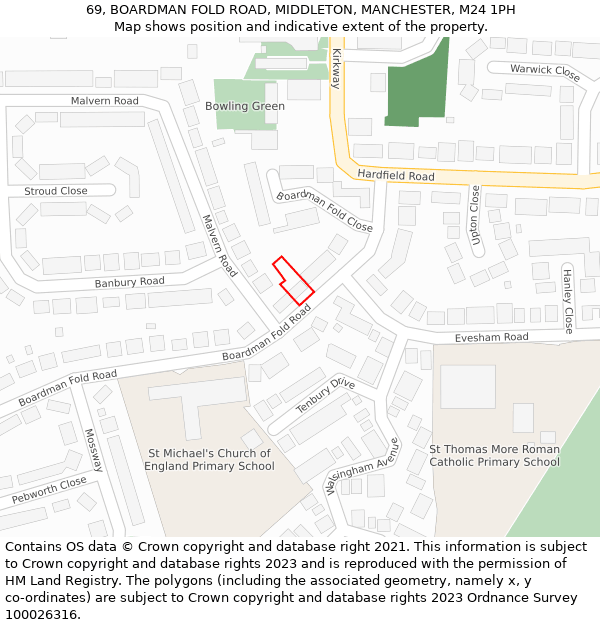 69, BOARDMAN FOLD ROAD, MIDDLETON, MANCHESTER, M24 1PH: Location map and indicative extent of plot