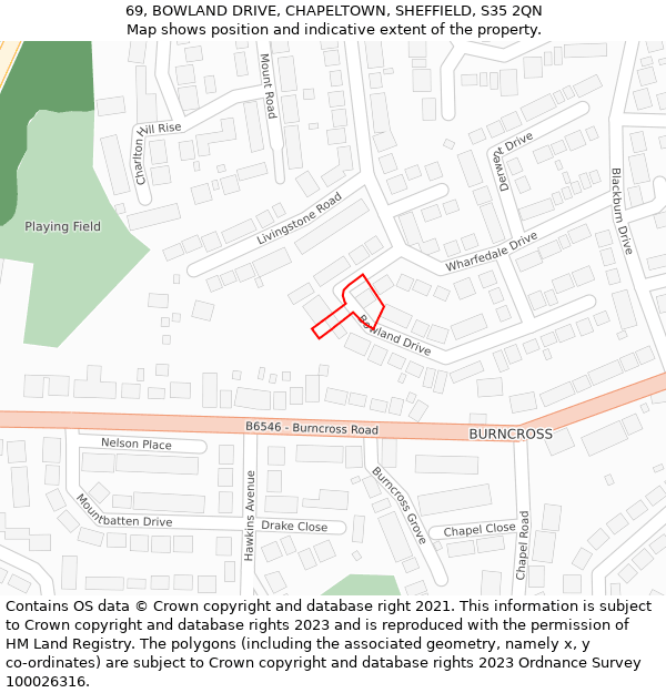 69, BOWLAND DRIVE, CHAPELTOWN, SHEFFIELD, S35 2QN: Location map and indicative extent of plot