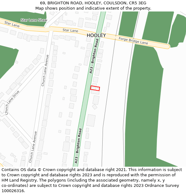 69, BRIGHTON ROAD, HOOLEY, COULSDON, CR5 3EG: Location map and indicative extent of plot