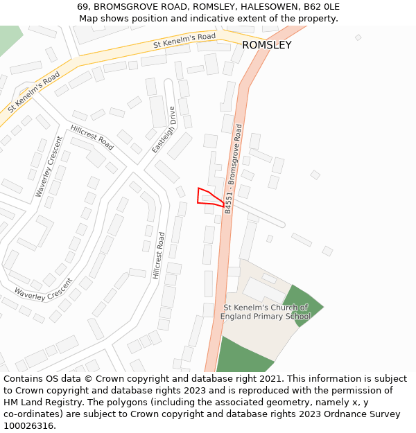 69, BROMSGROVE ROAD, ROMSLEY, HALESOWEN, B62 0LE: Location map and indicative extent of plot
