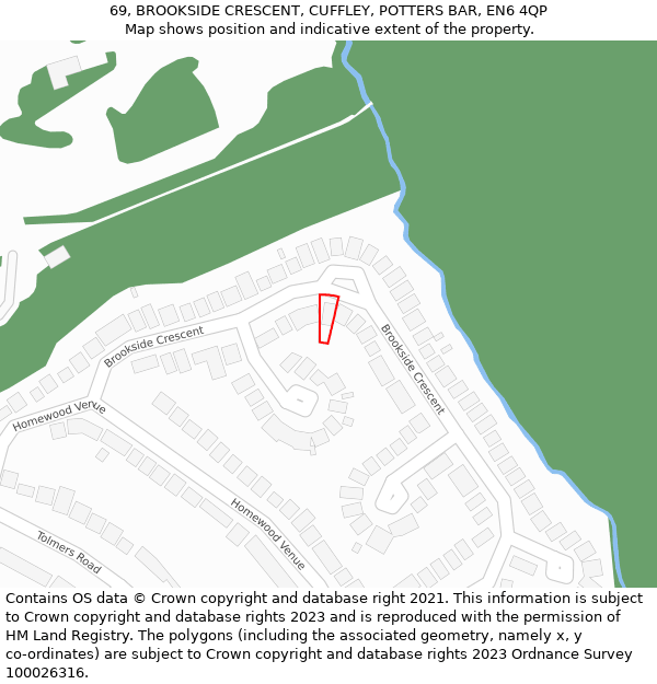 69, BROOKSIDE CRESCENT, CUFFLEY, POTTERS BAR, EN6 4QP: Location map and indicative extent of plot